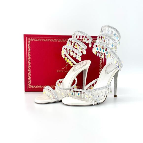 Rene Caovilla Chandelier White 105 Crystal Embellished Wraparound Sandals 38 - Picture 2 of 9